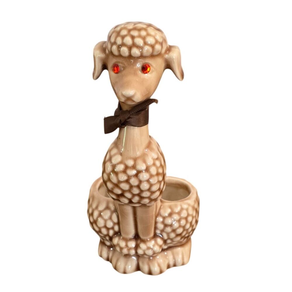 Vintage Mid Century Ceramic Poodle Lipstick Holder Rhinestone Eyes Japan MCM 50s